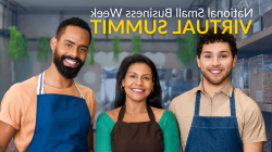三位面带微笑的小企业主系着围裙，代表着多元化的企业家群体, 推动全国小企业周虚拟峰会, 4月30日至5月1日, 2024, 带有SBA和SCORE标志